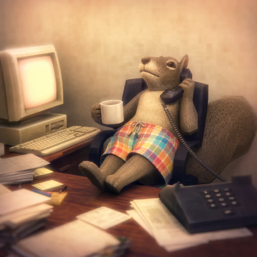 skwirl on the phone at an office desk