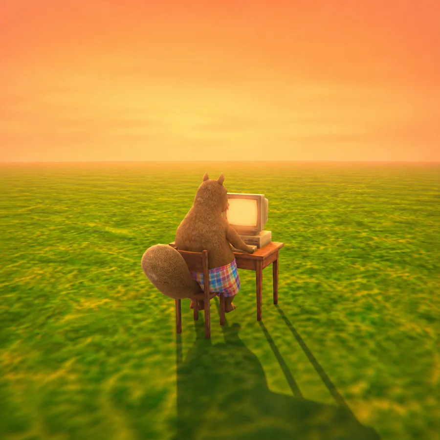 skwirl at a computer alone in a field
