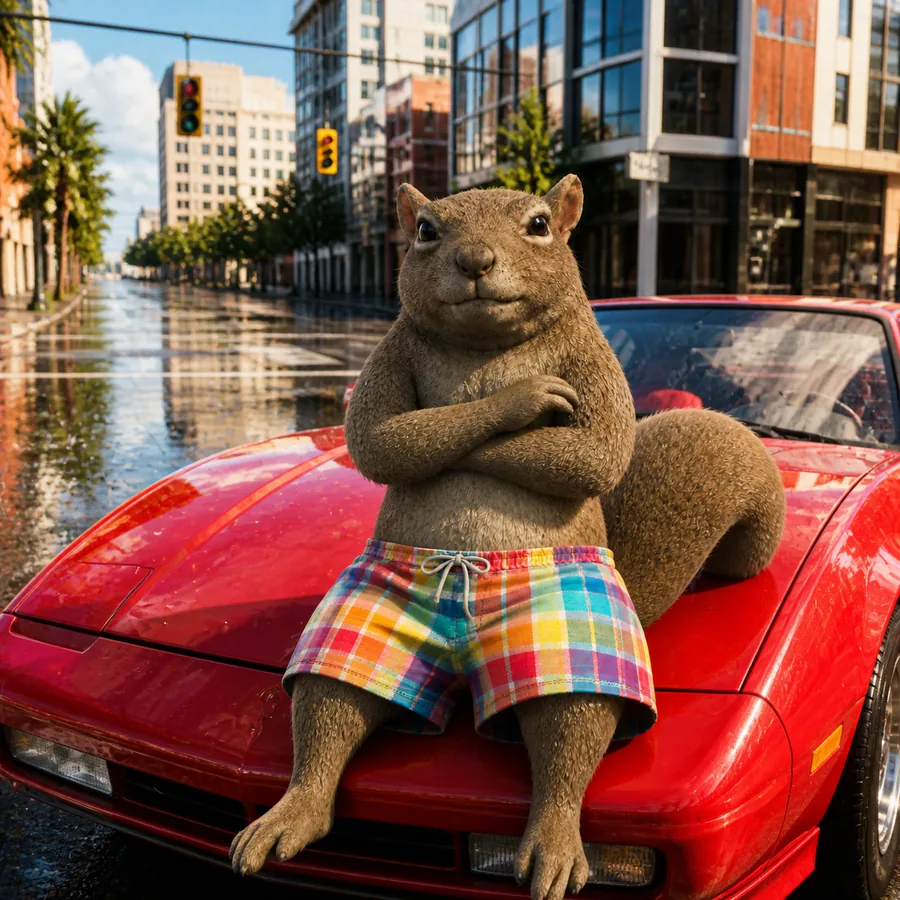 skwirl sitting on the hood of a red car